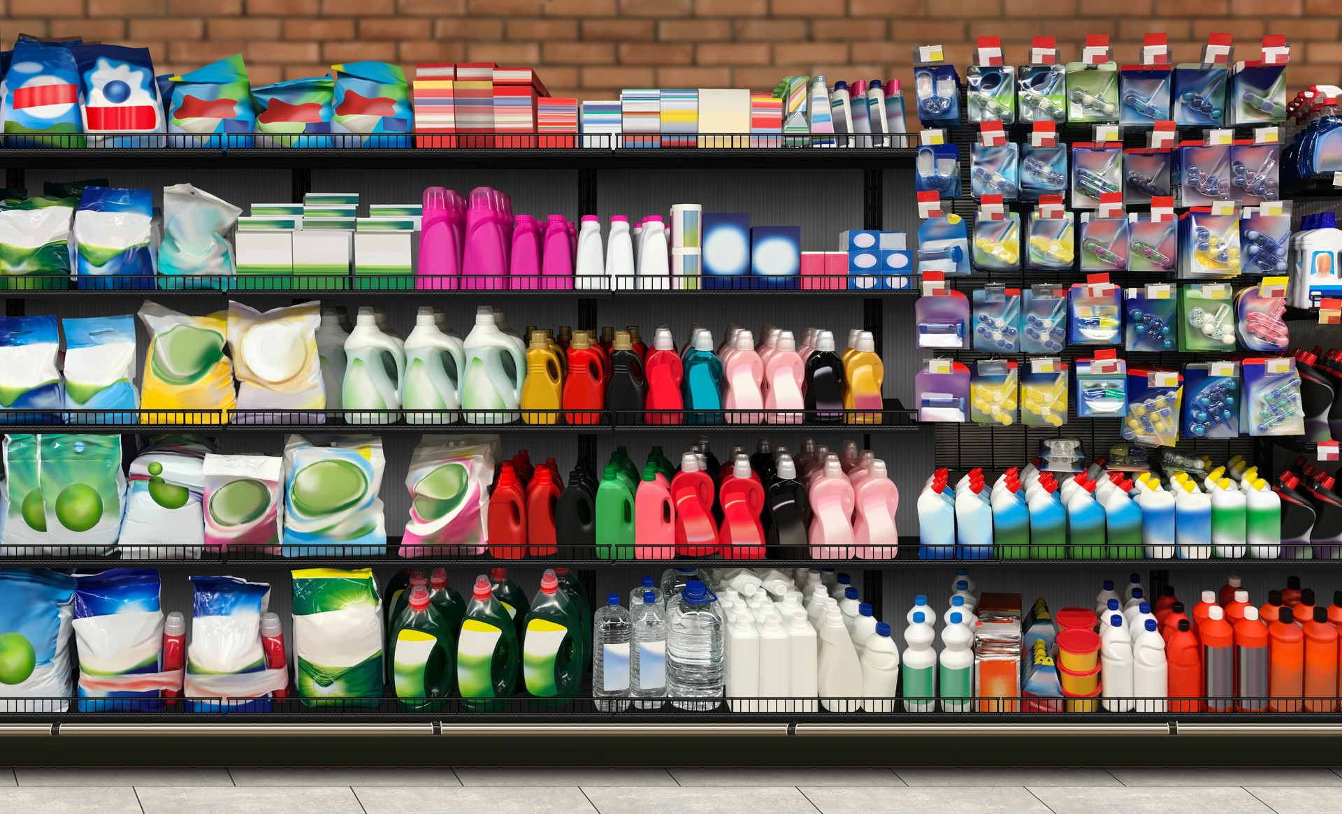 Household chemicals and Laundry Detergent on shelf in supermarket